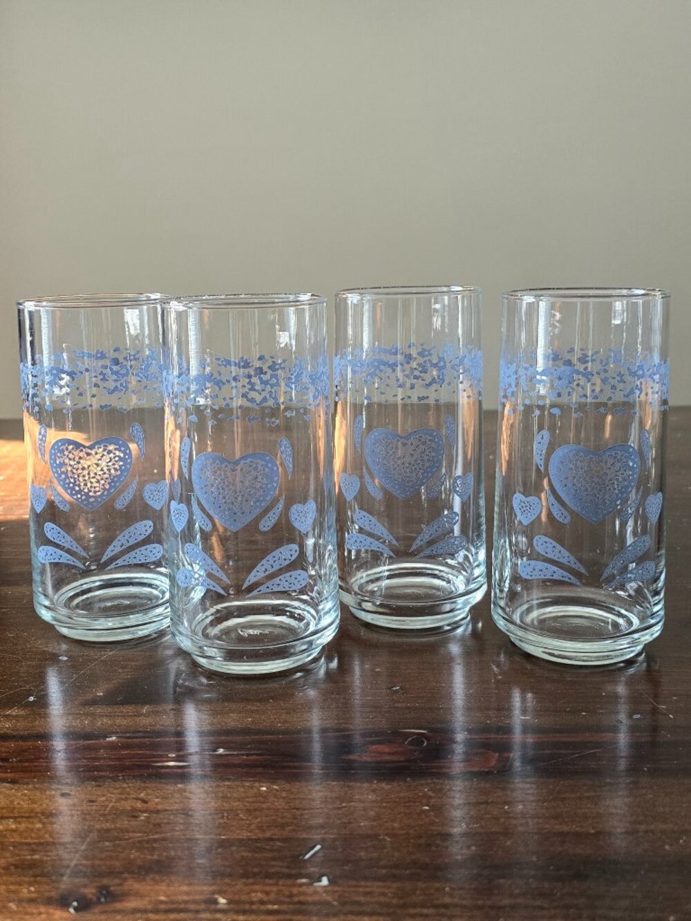 Vintage Corelle "Blue Hearts" Spongeware Drinking Glasses - Set of 4